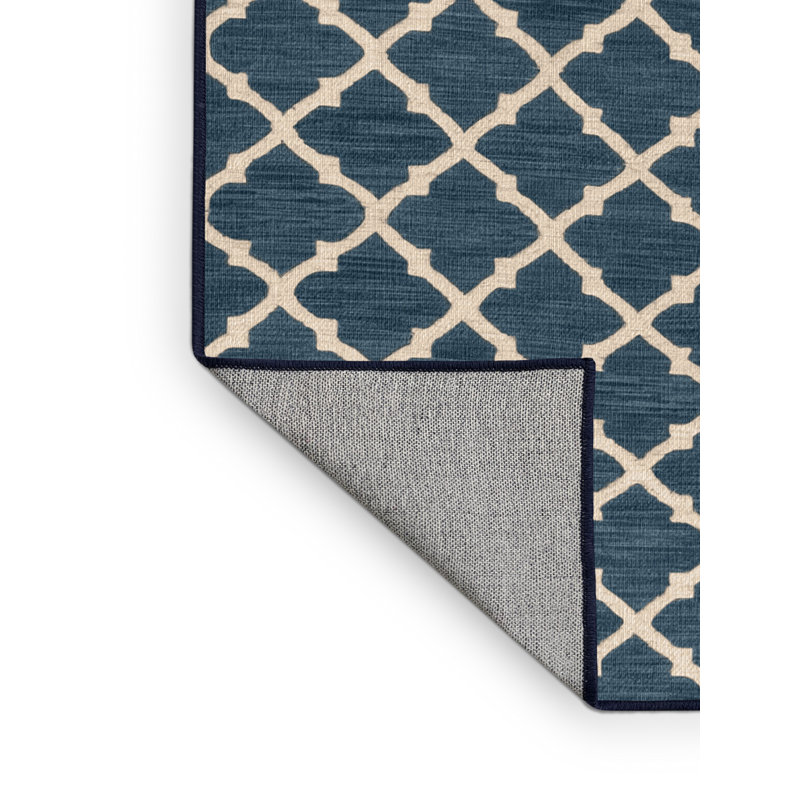Tapis bleu en treillis lavable à la machine, Rond 3 pi