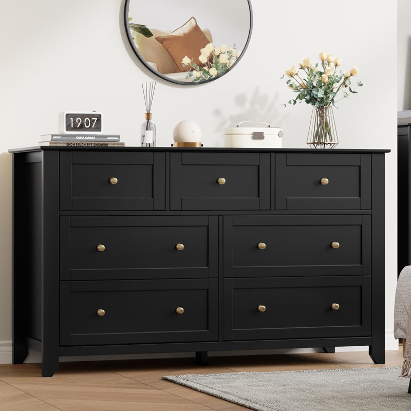 7-Drawer Dresser, 54" Wide Black Wooden Chest with Deep Storage & Metal Knobs, Modern Large Storage Organizer for Bedroom, Entryway, Hallway, Sturdy Furniture with Smooth Gliding Drawers, Black