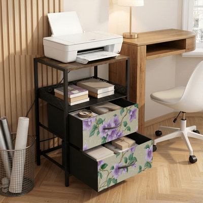 Table de chevet 2 tiroirs avec station de charge, table de chevet pour chambre à coucher avec ports USB, tablette ouverte noire, table de chevet avec mauve à motif de pétales botaniques délicats, feuillage vert doux