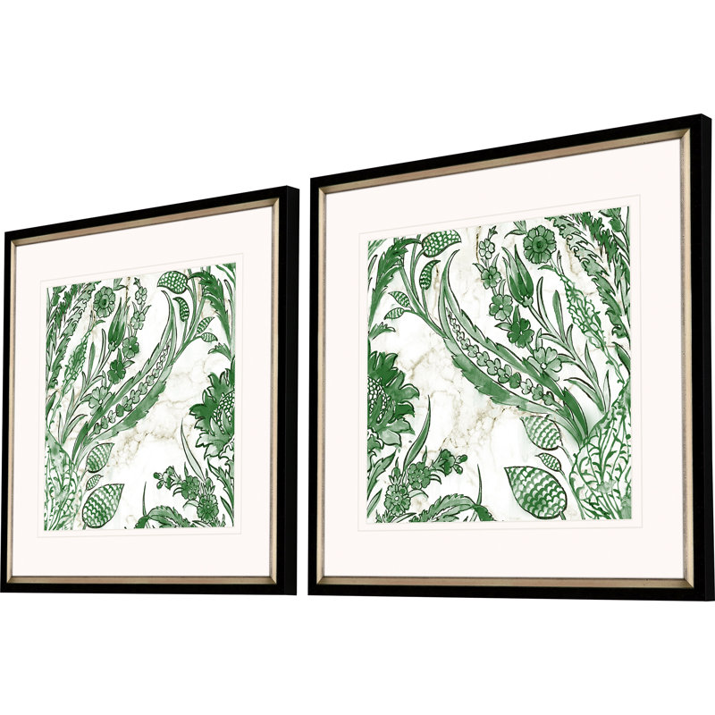 Kelly Ikat Green Floral Geometric Pattern Double-Matted Prints