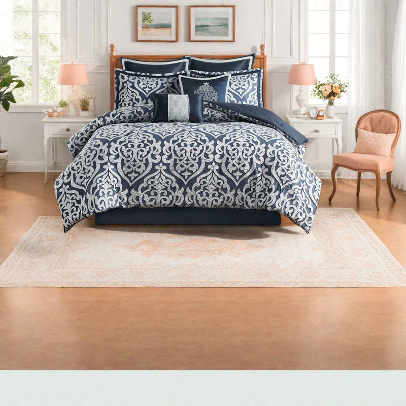 Ensemble de literie luxueux bleu marine et argent en damas de polyester pour chambre à coucher moderne