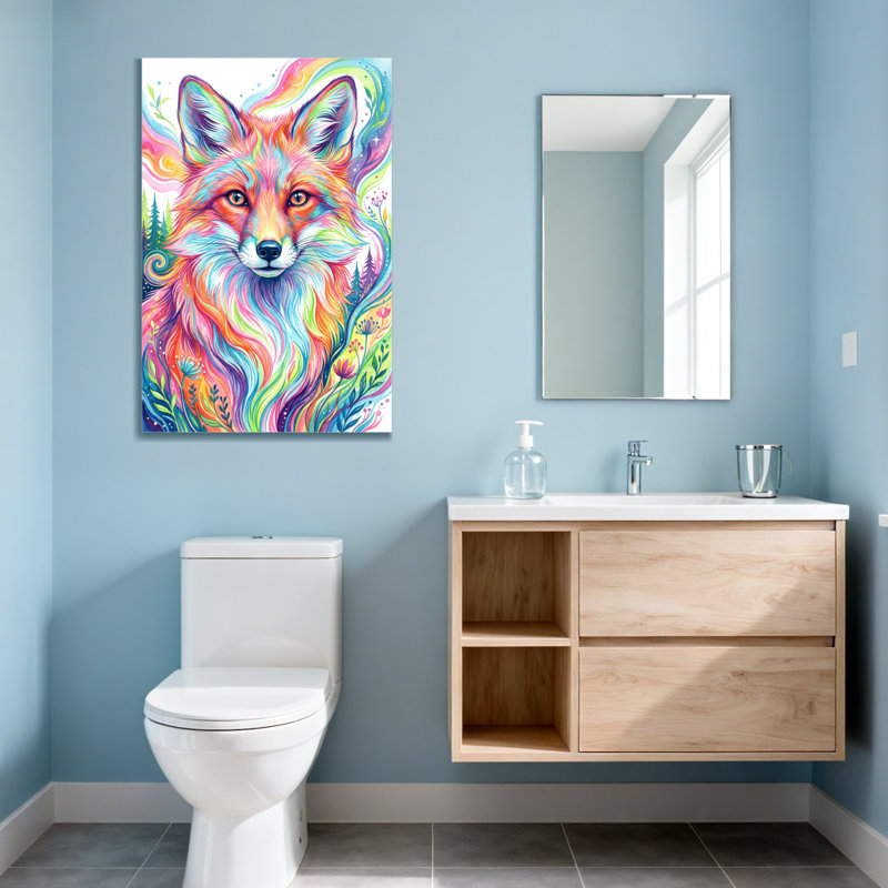 Animaux, renard coloré avec fourrure arc-en-ciel et fond de forêt, H 36 po x l 24 po