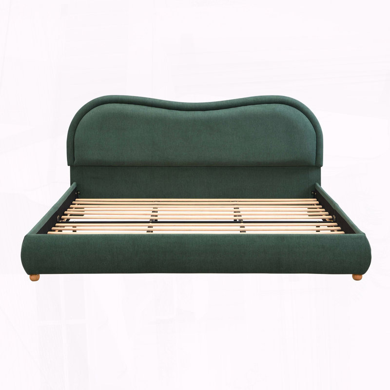 Très grand lit plateforme tapissier avec tête de lit courbée et pieds en bois massif, Très grand lit