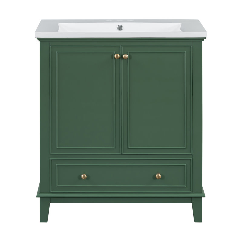 Ensemble de meuble-lavabo sur pied simple 30 po avec plateau en céramique Issachar, Vert / argenté, Ensemble central de 4 po