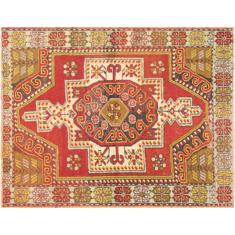 One-of-a-Kind Hand-Knotted 1960s 3'6" x 4'7" Wool Area Rug in Red/Brown/Yellow/Green