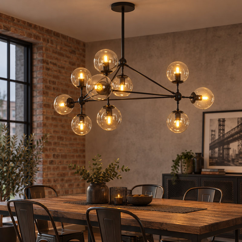 Lustre 10 lumières moderne en verre 43,3 pouces E26 noir pour le salon
