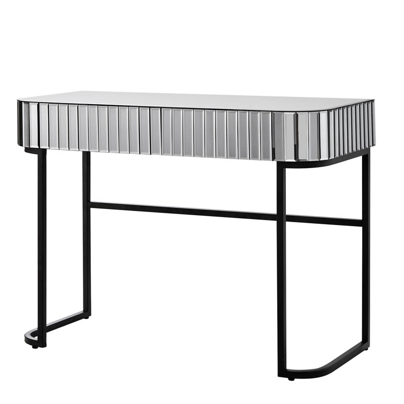 Console grise à miroir de 39 po avec base en acier inoxydable et 2 tiroirs - polyvalente pour le bureau de la chambre à coucher, nombreuses options de rangement, base de coiffeuse, gris. Pinceaux à maquillage. Élégant bureau. Matériaux.