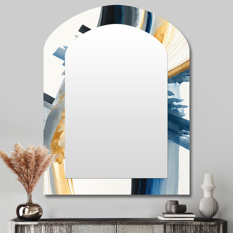 Blue And Gold Swirl Abstract I - Abstract Spirals Arch Mirror, Blue Asymmetrical Unique Wall Mirror, Printed Metal Art