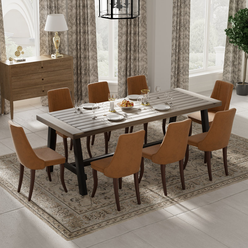 9 Pieces Modern Farmhouse Rectangle Dining Set with Mid-century High Back Dining Chair Set for 8, 9 Pieces: Table, 8 Chairs