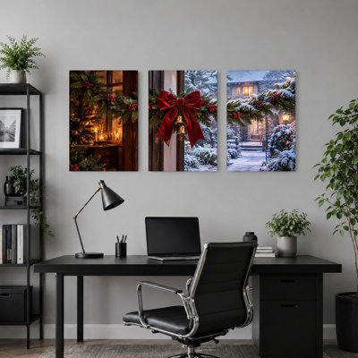 " Red Velvet Bow and Pine Garland on Snowy Christmas " 3 Piece Art