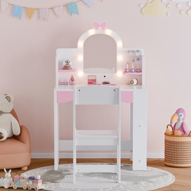 Kids Vanity With Lights, Princess Makeup Vanity Desk With Open Bookshelf, White