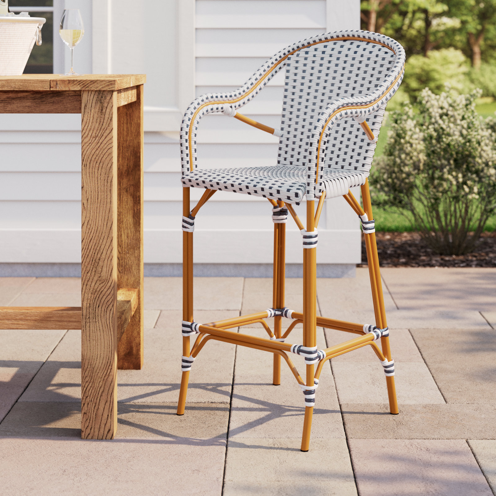 Popplewell 46.5'' Aluminum Outdoor Bar Stool, White/Navy, 29.5" H x 22.5" W x 25.5" D