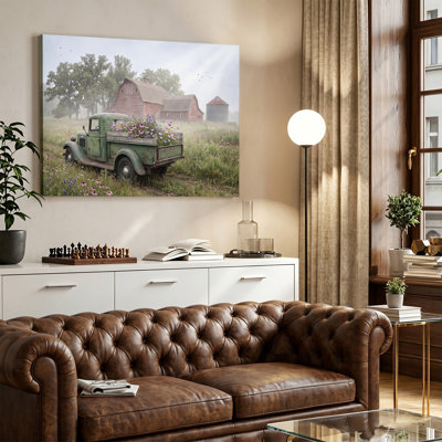 Vintage Green Truck with Wildflowers at Foggy Farm Canvas Art, Wrapped Canvas, Ready to Hang