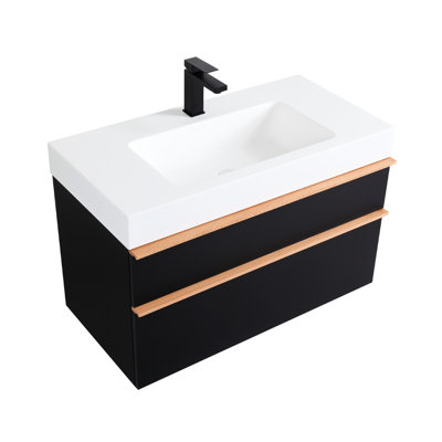 Meuble-lavabo mural noir de 36 pouces avec lavabo en acrylique intégré, 2 tiroirs à fermeture en douceur, pré-assemblé, conception flottante moderne, poignées bicolores, glissières de tiroir de boîtes de rangement organisées, lavabo,