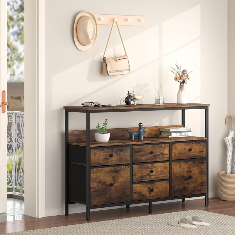 Tv Stand Dresser For Bedroom, 7 Fabric Drawers Entertainment Center, Led Dressers With Power Outlets, Brown