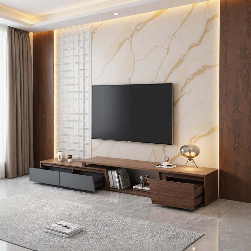 Meuble télé extensible en noyer pour téléviseur de 120 po ou moins, console multimédia minimaliste avec 3 tiroirs de rangement