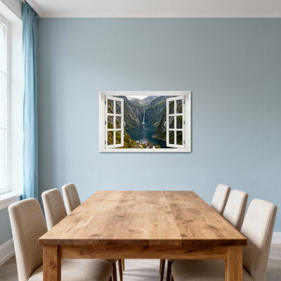 Landscape & Nature Mountain Lake Waterfall Village View Through Window