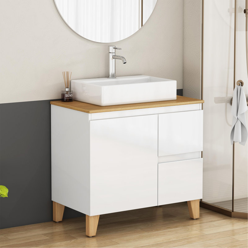 Ensemble de lavabo 31,5 pouces, 1 porte et 2 grands tiroirs, système à clous doux, conception sans poignée, plateau et pieds en bois massif naturel, lavabo carré en céramique sur le comptoir, blanc brillant