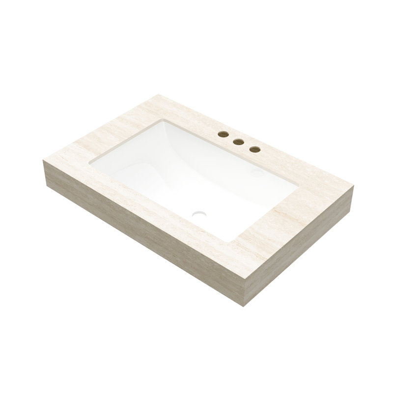 Comptoir en pierre frittée de 76 cm (30 po) avec lavabo encastré en céramique, trois trous prépercés pour robinetterie, poids de 21,7 kg (47,94 lb), hauteur de 21,2 cm (8,35 po), profondeur de 74,4 cm (29,3 po), largeur de 46,7 cm (18,4 po), couleur beige, profondeur et poids standard