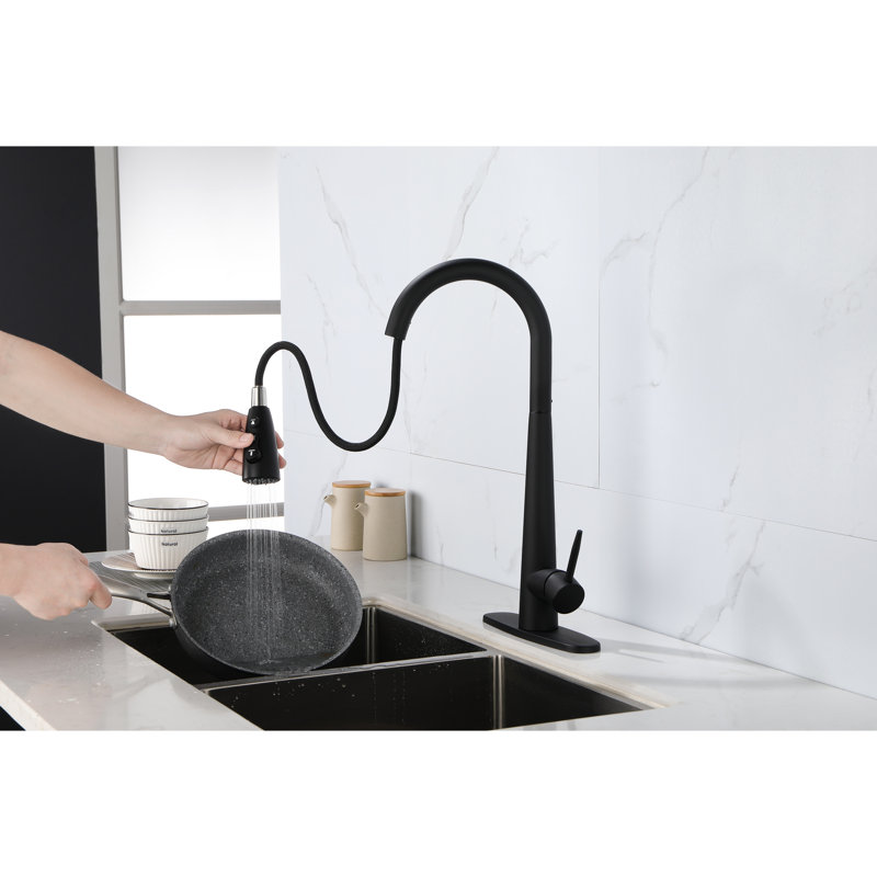 Black Kitchen Faucets With Pull Out , Matte Black, Single Hole Deck Mount, Modern Design, Easy Setup Down Stainless Steel, To Operate