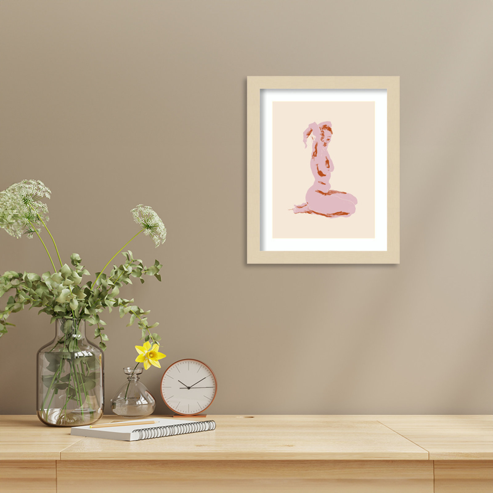 Nude With Arms Folded Over Her Head by Nantucket Wood Framed Wall Art Print, 13" H x 11" W, Brown