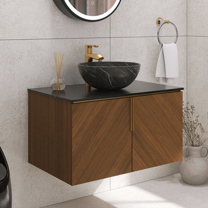 Meuble-lavabo mural moderne en contreplaqué de 30 po avec comptoir en pierre frittée et lavabo en céramique