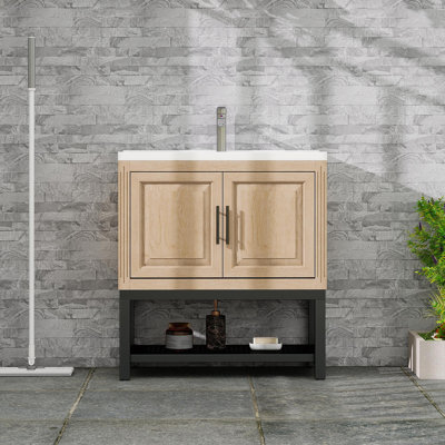 Meuble-lavabo 32 po avec lavabo en céramique blanc et robinet d'eau chaude et froide, armoire de salle de bain autoportante avec 2 portes de rangement et tablette ouverte en fer pour la salle de bain