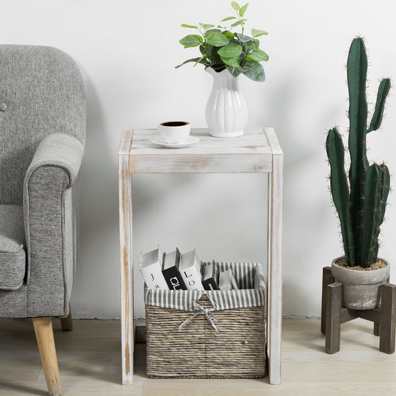 C Shaped End Table, Whitewashed Wood Sofa Side Table with Under Couch Laptop Tray