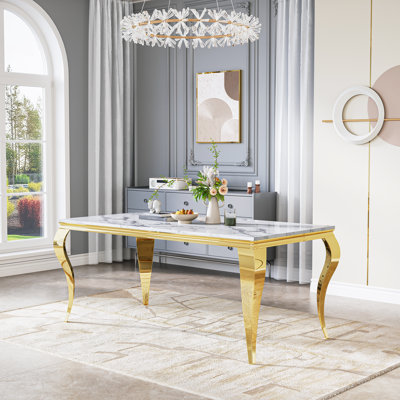 White Rectangular Faux Marble Dining Table With Cabriole Legs
