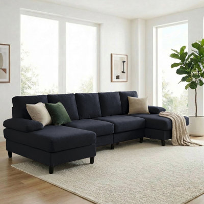 5-seater U-shaped Linen Fabric Sectional Sofa,double Chaise Couch With Sturdy Frame & Supportive Cushions, Large L-shaped Sofa For Living Room, Apartment, Office, dark Gray