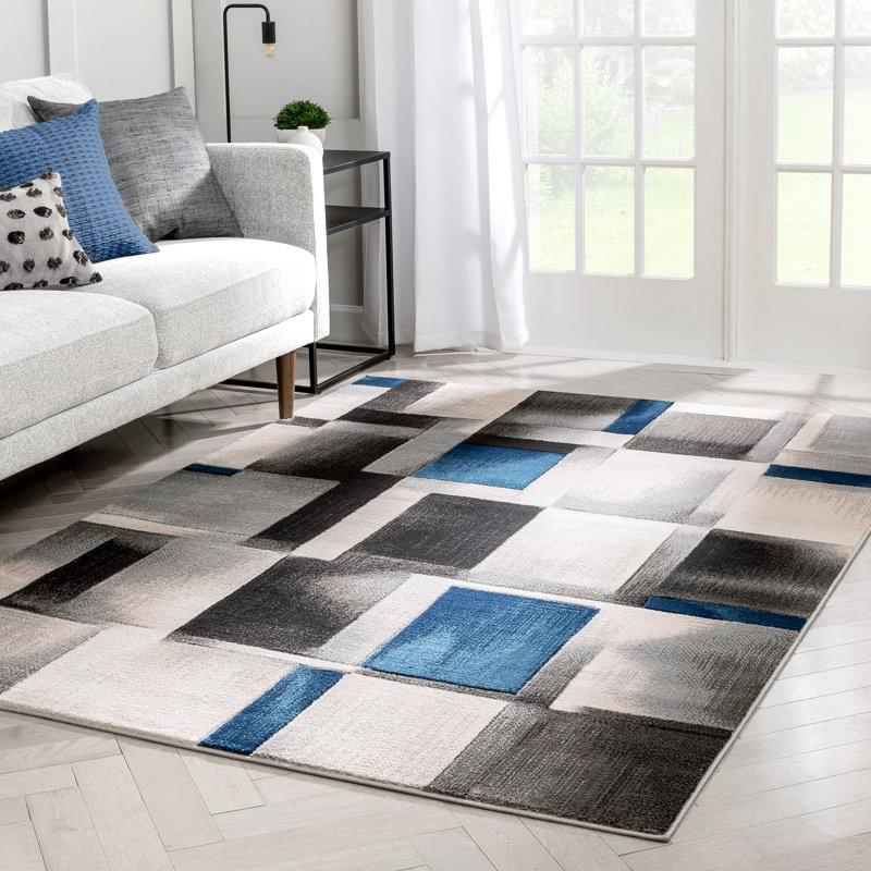 Cillan Modern Geometric Boxes 3D Textured Rug, Loom Blue, Rectangle 7'10" x 9'10"