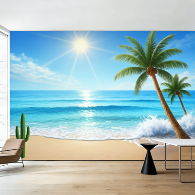 Papier peint adhésif à peler et coller, plage de palmiers tropicaux, cactus turquoise, vagues murales, H 100 po x l 144 po, papier peint amovible en PVC, adhésif mural pour chambre à coucher, bureau à domicile