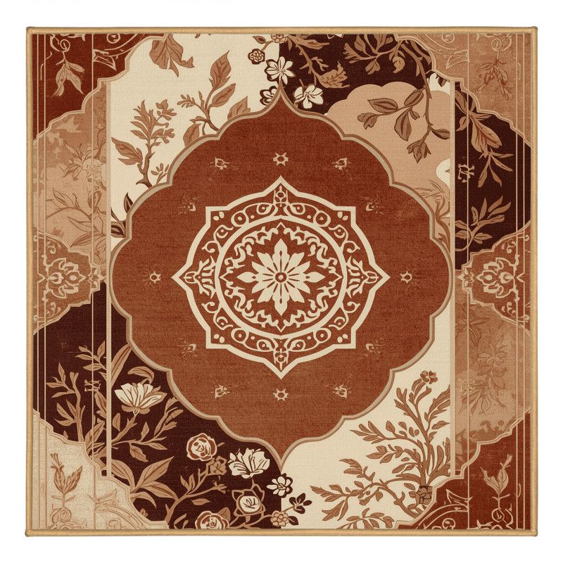 Tapis oriental traditionnel lavable à la machine en brun clair Osiyo, Carré 6 pi