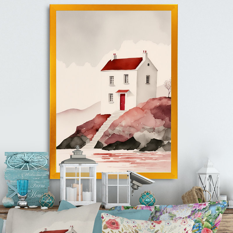 Maison blanche avec toit rouge au bord de l'eau - reproduction sur toile, L 16 po x H 32 po, Encadrement doré