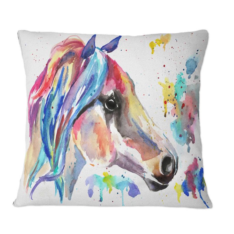 Portrait d'un cheval aux couleurs vives - Coussin décoratif à imprimé traditionnel, 18 po x 18 po