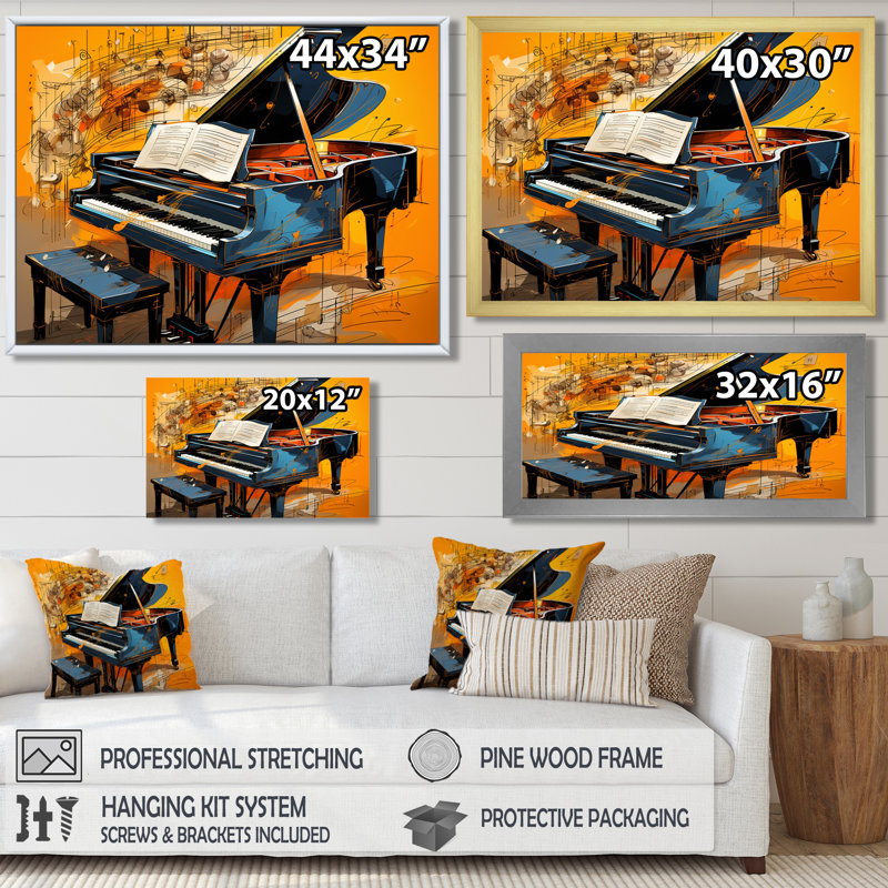 Black Piano Retro Collage Musical Score - Piano Wall Art Decor, Toile avec cadre flottant noir, H 30 po x l 40 po x P 1,5 po