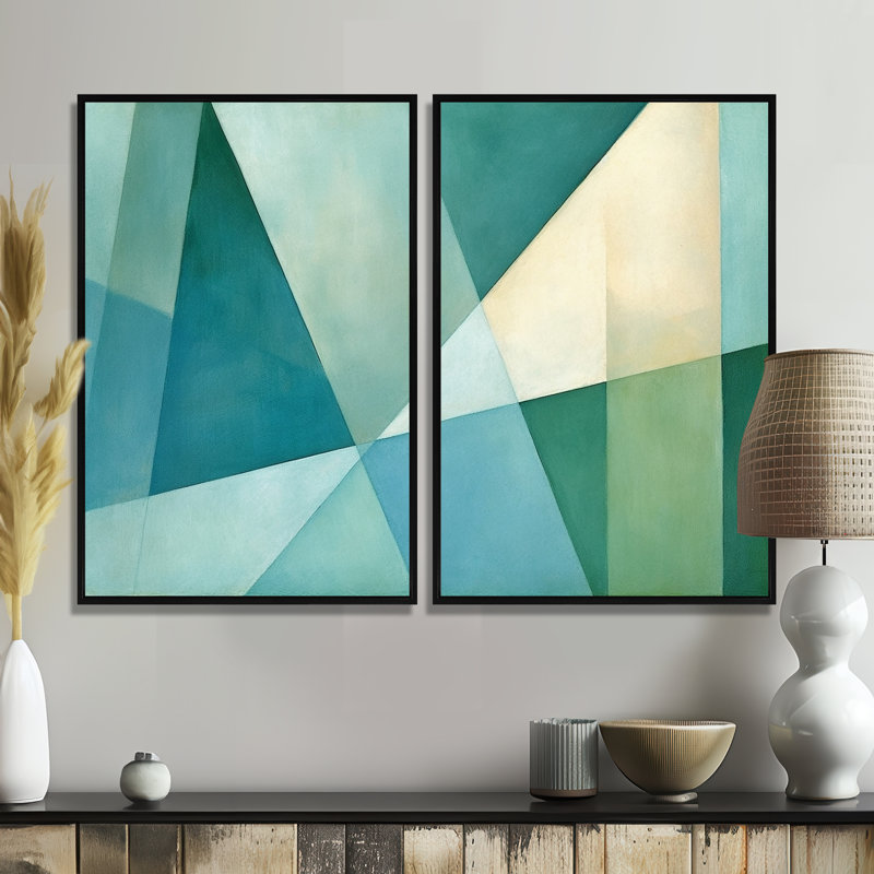 «Green Blue Abstract Geometric Fusion II», art mural sur toile vert 2 panneaux, 36" H x 48" W, Impression encadrée flottante