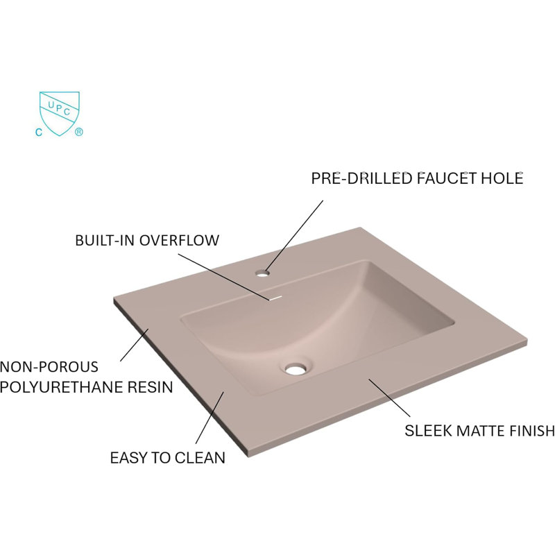 Solid Surface Polyurethane Resin Streamline Nano Vanity Top With Sink, Durable, Consistent Color, Easy-to-Clean, Built-in Overflow, 37"W x 22"D