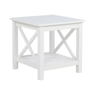 Table de bout carrée blanche, en pin et en bois d'ingénierie, avec cadre en X, pour table d'appoint blanche avec rangement décontracté, fabrication solide, lignes épurées, décor bord de mer