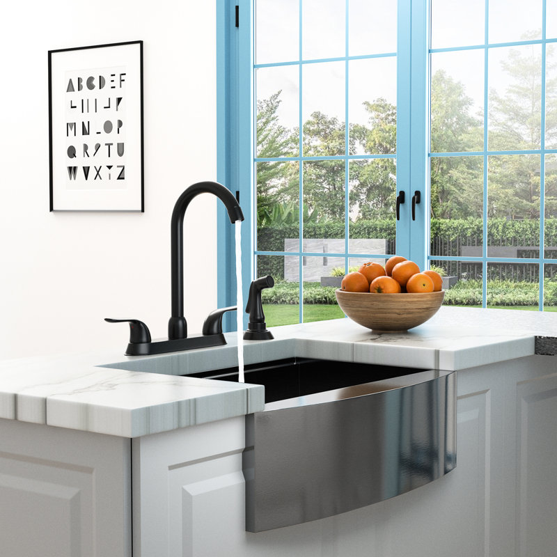 Matte Black Kitchen Sink Faucet, 2 Handles With Pull-Out Side Spray, 4 Install, Stainless Steel 304, Corrosion, 360 High Arc Swivel Spout, 8.7" Spout Height, 1.75 Gpm Flow Rate Faucet And 304 Steel,