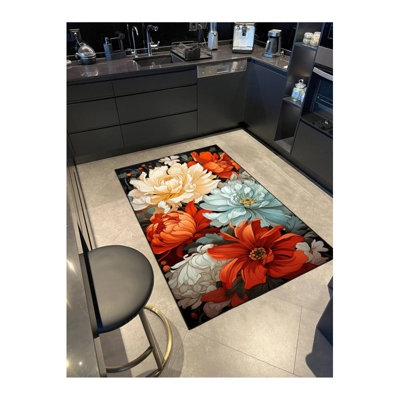 Flower Colored Modern Patterned Washable Carpet, Rectangle 2'4" x 4'
