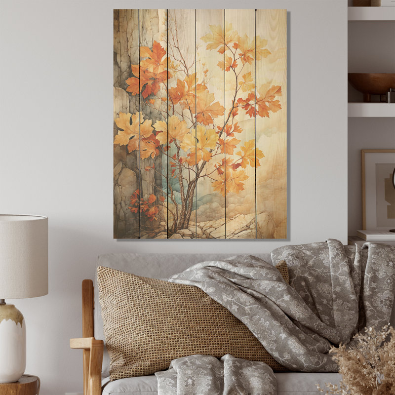 Feuillage abstrait, pêche, érable, arbre, érable, art sur bois de pin naturel, H 20 po x l 10 po