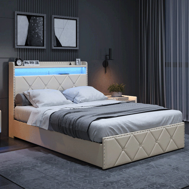 Full Size Bed Frame with 2 Storage Drawers and Wingback Headboard Velvet Upholstered Platform Bed Frame Tufted Beds with Wooden Slats Support, Easy Assembly, White