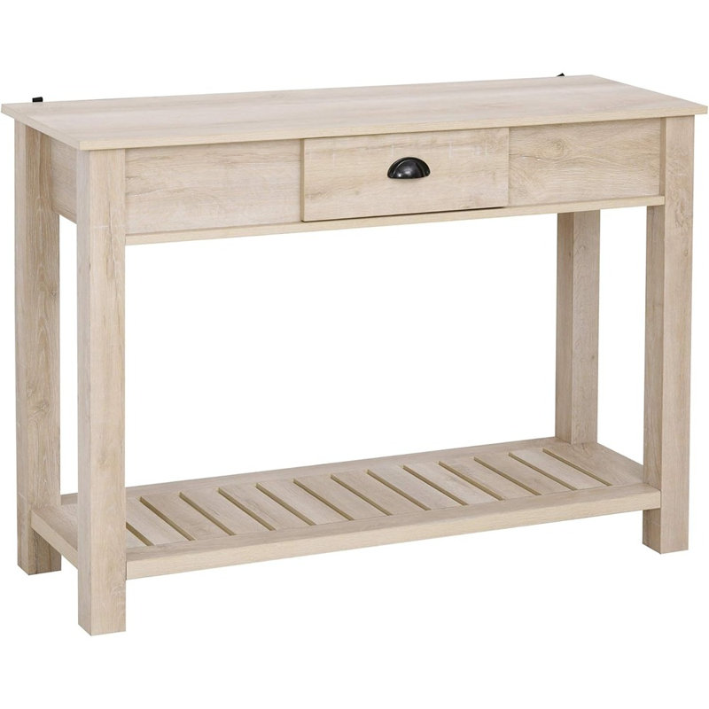 Console avec tiroir et tablette inférieure, fabrication robuste, chêne blanc