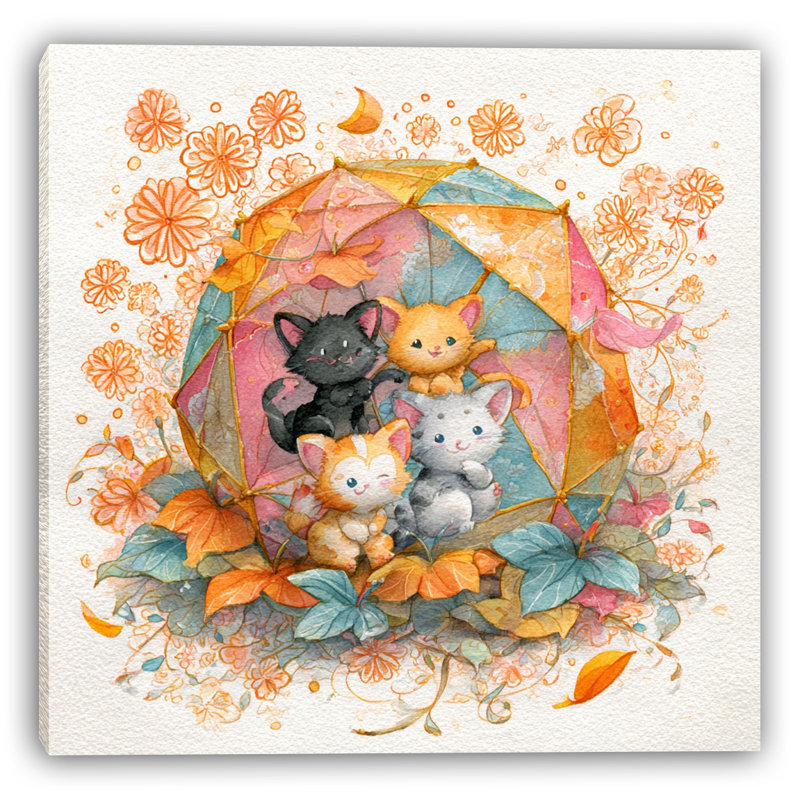 «Playful Kittens Under Umbrella», art mural sur toile tendue