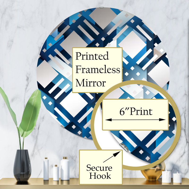 Polygones géométriques minimalistes blancs et bleus II - Cercle de miroir décoratif à carreaux, 31,4 po x 31,4 po