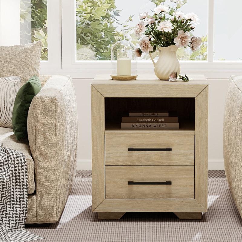 21.5“ W Nightstand, Farmhouse End Table with 2 Drawers & Open Storage