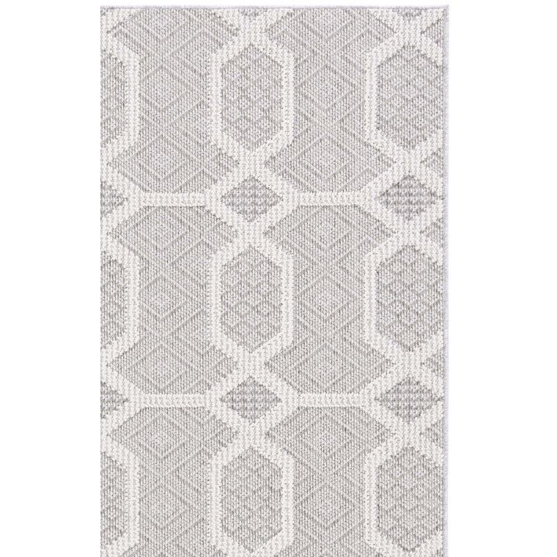 Tapis géométrique gris / ivoire en polypropylène tissé à la machine, Tapis de couloir 2 pi 2 po x 8 pi
