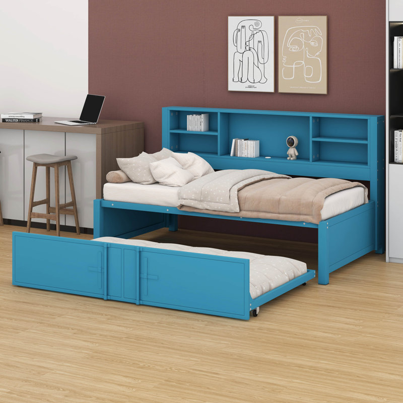 Lit de jour simple avec lit gigogne simple, lit de jour en métal avec tablettes de rangement et ports USB, Bleu