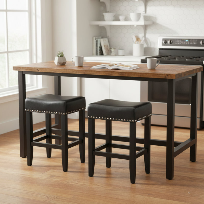 Shaws Classic Faux Leather & Solid Wood Counter/Bar Stools with Padded Saddle Seat, Black, Counter Stool (26" Seat Height)